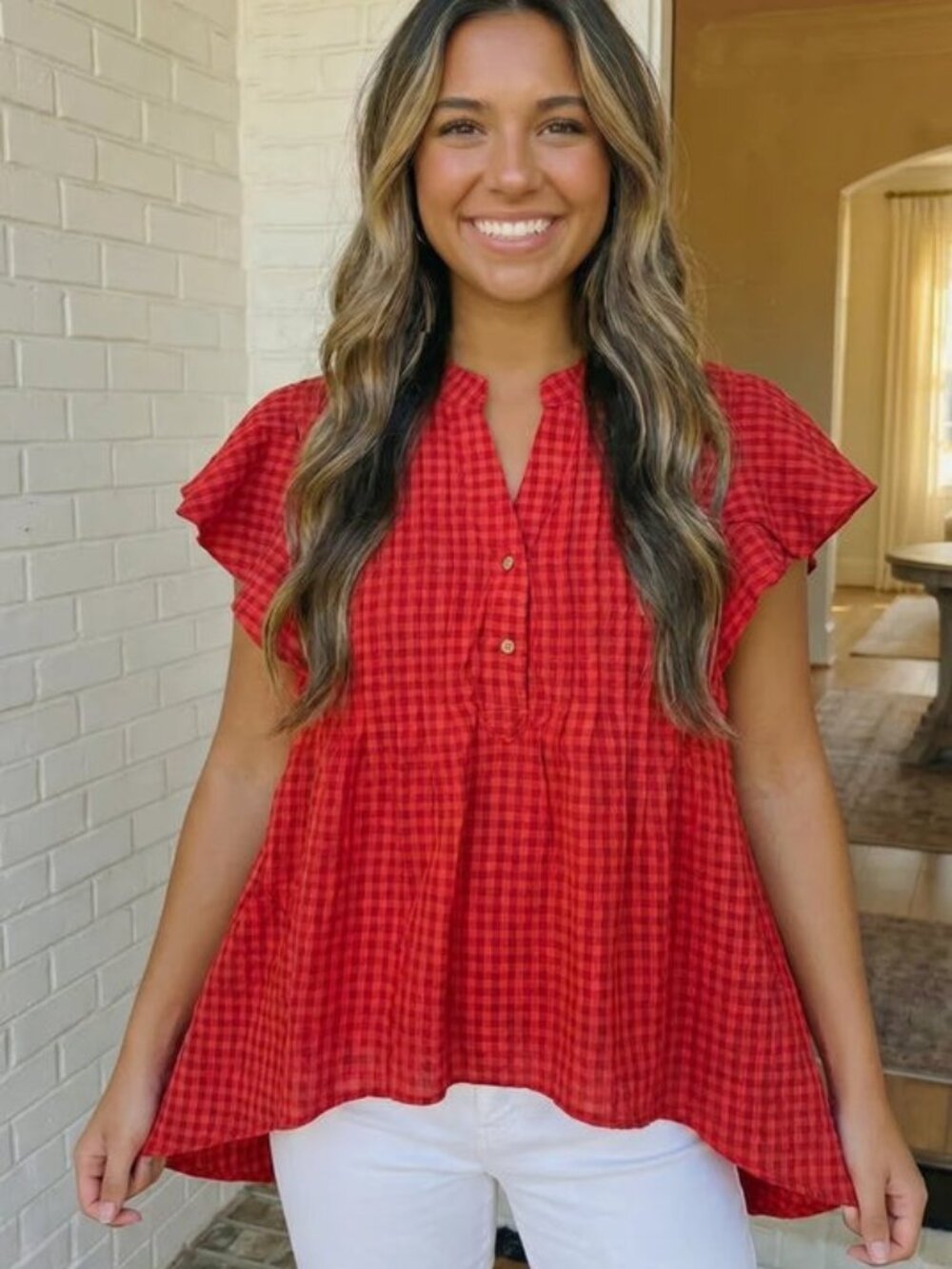 Haptics Red/Coral Gingham Print Top Size Medium